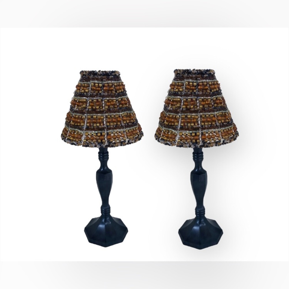 Vintage Handmade Beaded Lamp Shade Glass Votive Tea Light Holders / Gold-Amber